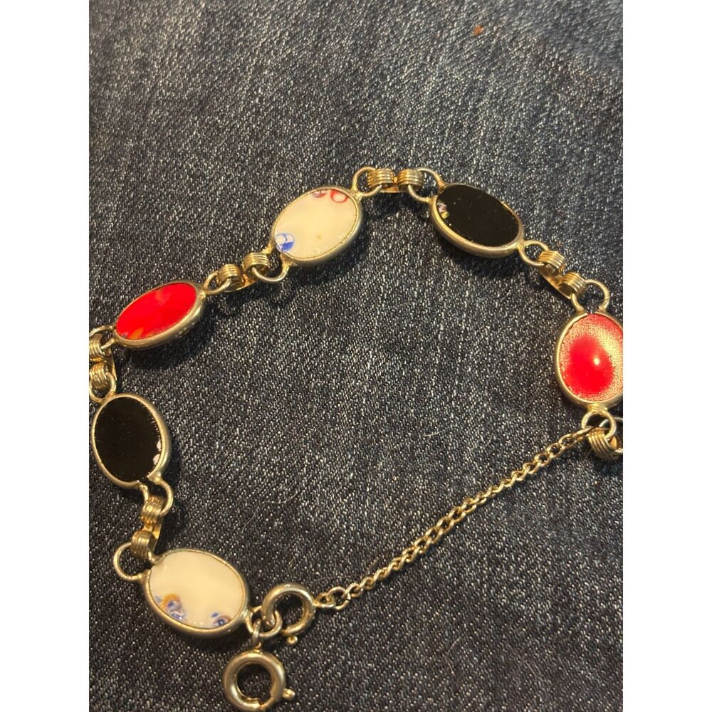 Vintage Gold Tone Filigree Panel Bracelet Multi Color Cabochon Floral Link